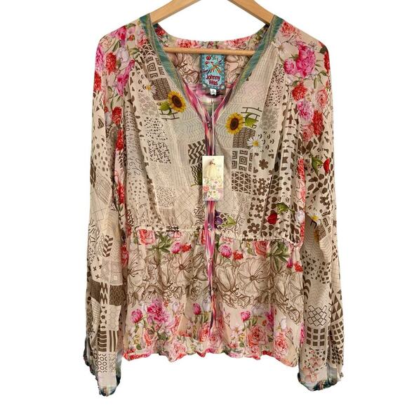 Johnny Was Fawn Beige Button Up Mixed Floral Boho Peasant Blouse Size M Tunic - Picture 3 of 13